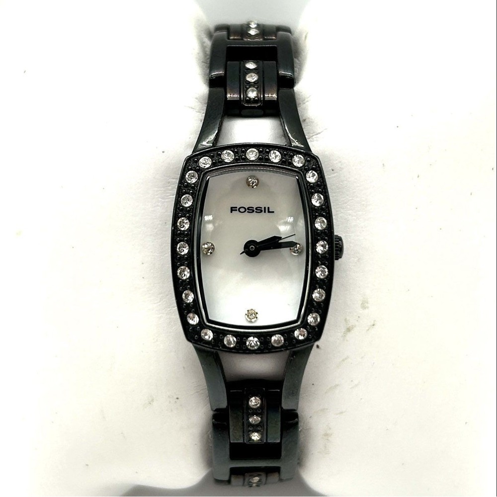 Vintage Y2K Fossil F2 Women's Watch Black Rhinestone Mother of Pearl ES-1625
